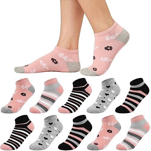 Sneaker Socken Damen 35-38, 10 Paar Baumwolle Kurze Socken Mädchen Söckchen, Mehrfarbige Sneakersocken Bunte Damensocken mit Streifen Pünktchen