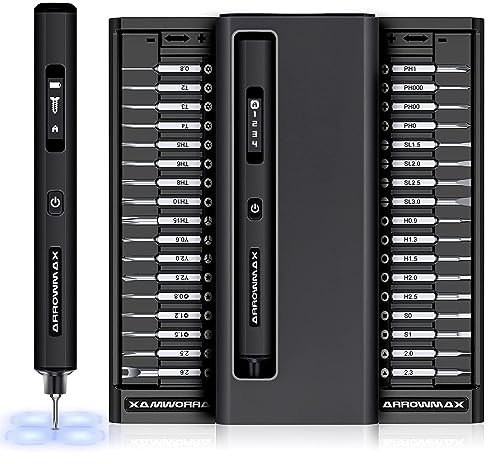 AM ARROWMAX - Electric screwdriver, small cordless precision screwdriver set with 34 magnetic precision bits, intelligent motion control, tool kit