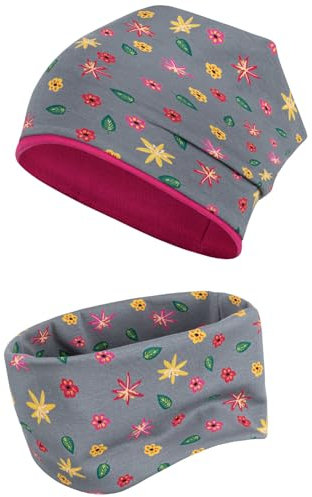 Smarilla Übergangsmütze + Schlauchschal Beanie Stoffmütze Mädchen Junge im Set Loop Baumwolle, Größe: 54-56, Farbe: Grau-Pink-Blumen