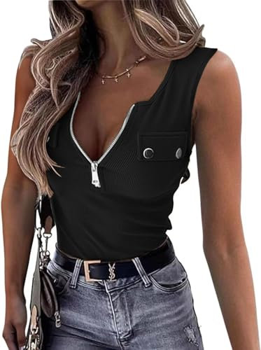 ELFIN Damen Ärmellos Tank Top Gerippt Sommer Sexy Oberteile Reißverschluss Stretch Weste Slim Fit Basic Shirt Ribbed Tops (XL, Schwarz)