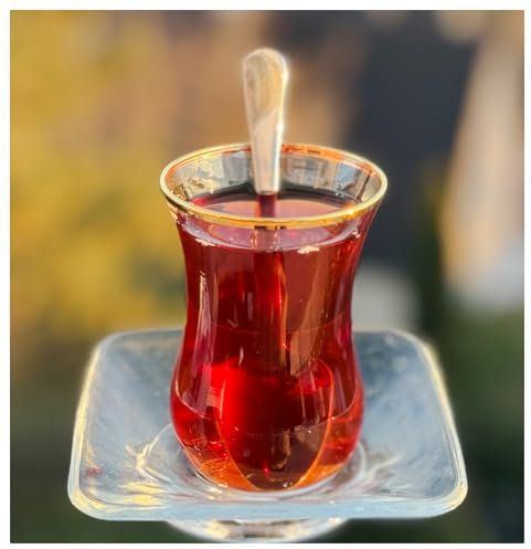 Topkapi - 18-tlg Türkisches Tee-Set Görkem-Sultan für 6 Personen │ 6 Teegläser, 6 Untersetzer, 6 Teelöffel │ Teeglas mit Goldrand │ Komplett-Set │ Versandsicher gepackt