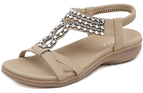 Acfoda Sandali Donna Estive Piatto Eleganti Infradito Bohemia Sandalo de Spiaggia Casual Comodi Scarpe Bassi Ortopedici Strass Sandale Beige 42