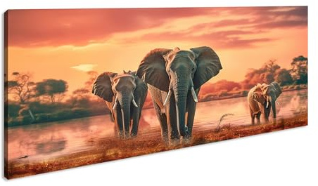 Leinwandbild Elefanten im Sonnenuntergang, Wasserreflexionen Panorama Format: 120x60 cm XXL Kunstdruck Bild auf Keilrahmen/Wandbild/Wohnzimmer Deko