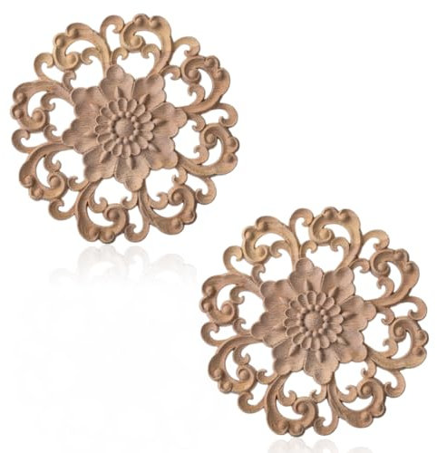 KSJEHW 2 Stücke Holz Geschnitzte Deko Runde Onlay Applikation Unbemalte Holz Skulptur für DIY Basteln Kunst Handwerk Ecke Möbel Couchtisch Tür Dekoration Ornament(Stil 2, 10cm)