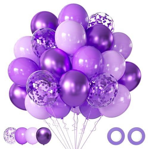 Luftballons Lila 60 Stück Lila Konfetti Ballons, Metallic Violett Ballons Macaron Latex Luftballons Geburtstag Party Luftballon für Mädchen Geburtstag Babyparty Hochzeit Prinzessinnen Deko