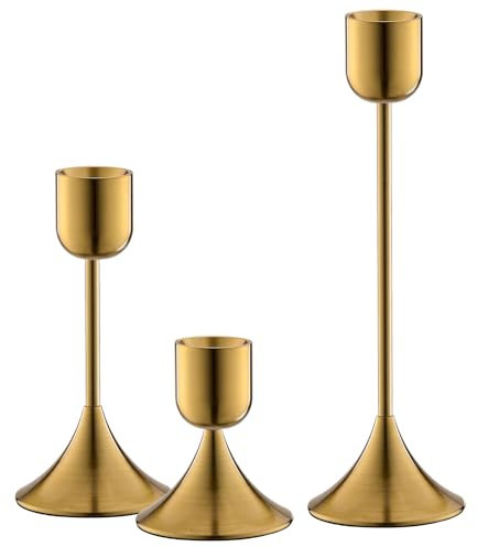 idyllictime Kerzenhalter Metall Schwerer Sockel für Kegelkerzen Stabkerzen Tischdeko Dekoration (Glänzendes Kupfer, 1 Set (3 Pcs))
