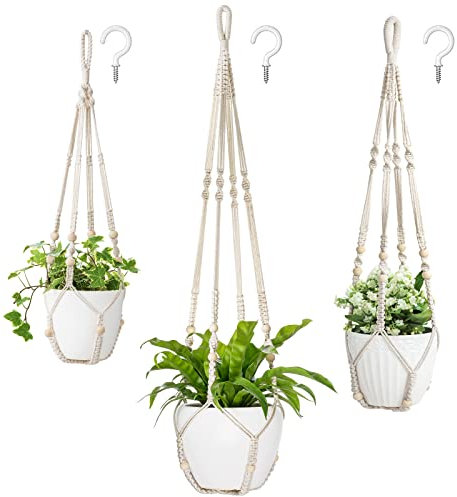 Mkouo 3er Set Makramee Blumenampel Pflanzenhänger Innen Pflanzkorb Hängender Blumentopfhalter Baumwollseil mit Perlen ohne Quasten, 73cm/89cm/109cm