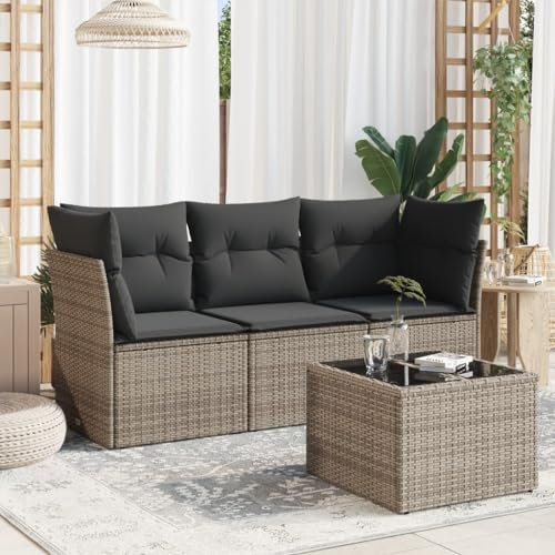 ULUYYUC 4-TLG. Garten-Sofagarnitur, Gartenmöbel Set Eckbank Küchensofa Hocker Geeignet für Balkon Hinterhof Außenbereich Garten mit Kissen Grau Poly Rattan