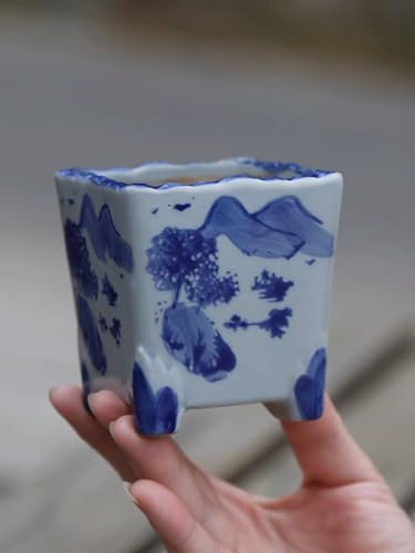 PAYNAN Maceta de cerámica pintada a mano de 8,3 cm, color azul y blanco, adornos retro