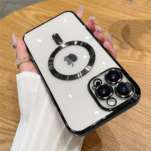 GOTBAC Plating-Kameraobjektiv-Schutzhülle für iPhone 15 14 13 12 11 Pro Max, transparente kabellose magnetische Ladeabdeckung, schwarz, für iPhone 14