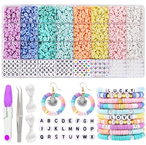 JOLCEEY Clay Beads Bracelet Making Kit, 8 Pastel Colors Flat Round Polymer Clay Heishi Beads Friendship Bracelet Kit for Jewelry Making Necklace DIY Craft