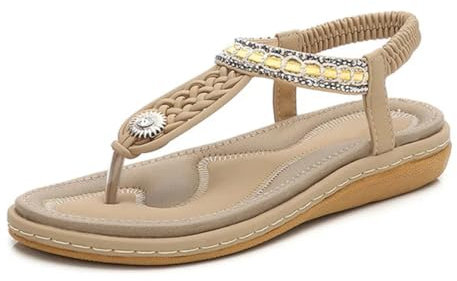 Sandalias planas con cuentas de cuerda de paja para mujer, suela gruesa, talla grande, puntiaguda, zapatos de playa, albaricoque, 39 EU