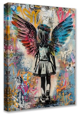 Tucocoo Leinwandbild, Motiv: Banksy-Mädchen, Engelsflügel, Straße, Graffiti-Stil, Gemälde, zeitgenössisches Kunstwerk, Heimdekoration für Wohnzimmer, gerahmt, fertig zum Aufhängen, Poster und Drucke