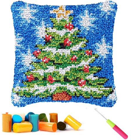 CCWORAN Christmas Tree Latch Hook Kits for Adults Beginners Kids Cushion Covers Craft Kits Making Crochet Pre Printed Canvas Wool Yarn Hobbies DIY Sofa Home Decor Women Gift 15
