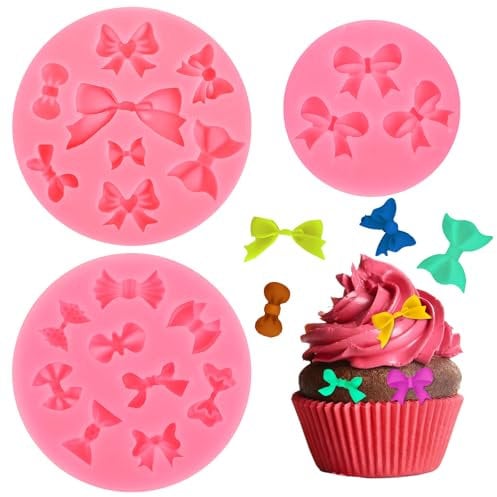 3 Pack Bow Fondant Molds Mini Bows Silicone Fondant Molds Bowknot Candy Chocolate Molds Mouse Bows Cartoon Butterfly Tie for Dessert Ice Cube Cake Baking Fondant DIY Birthday Party Cake Decorating