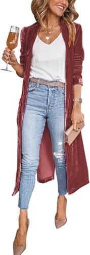 Suncadmious Giacche Blazer Donna Velluto Lungo Cappotto Aperto Davanti Vintage Maglione Rosso, L