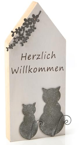 Logbuch-Verlag Herzlich Willkommen Holzhaus mit Katzen Deko Häuschen Willkommensschild für Flur & Eingangsbereich 10 x 22 cm