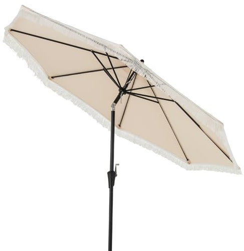 TANGZON 280cm/9FT Garden Parasol with Fringe, 2-Tier Market Table Tassel Patio Umbrella with Sun-Protective Canopy, 8 Ribs, Push Button Tilt, Fringes, Outdoor Heavy-Duty Sun Umbrella