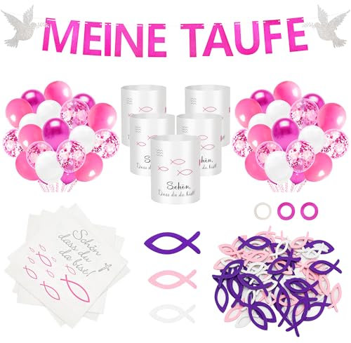 YSUVIN Taufe Deko, 119 Stück Junge Mädchen Deko Taufe, Meine Taufe Girlande, Luftballons, Servietten, Windlicht Tischdeko, Holz Fische Deko, Rosa