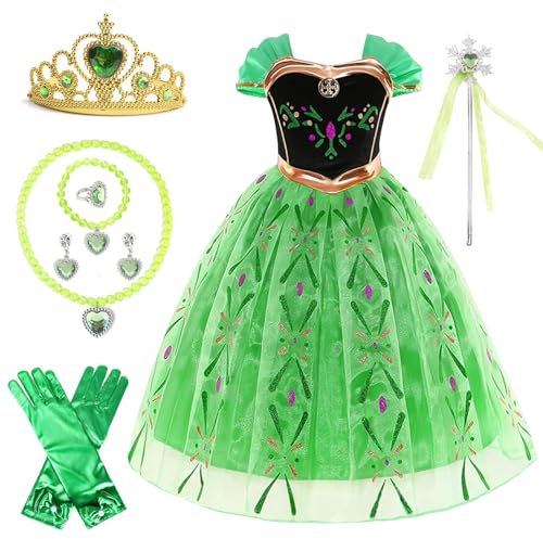 YOILIK Kostüm Anna Froze Kinder, 3-7 Jahre Prinzessin Kostüm Kinder, Kleid Eiskönigi Mädchen, Prinzessin Accessoires, Froze Kette, Krone, Handschuhe, Zauberstab, Passend Für Mottopartys, Karneval