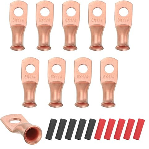 sourcing map 10pcs 6 AWG M6 Battery Lugs Ring Terminals, 1/4 6mm Stud Crimp Wire Terminal Connector End Copper, 3:1 Heat Shrink Tubing, Gold