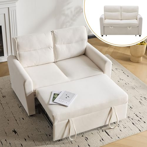 Zravenna Sofa 2 Sitzer 127 cm Breit I Schlafsofa klein Ausziehbar mit Schlaffunktion I Verstellbare Rückenlehne I Faltbares Sofa mit Bettkasten (Light beige)