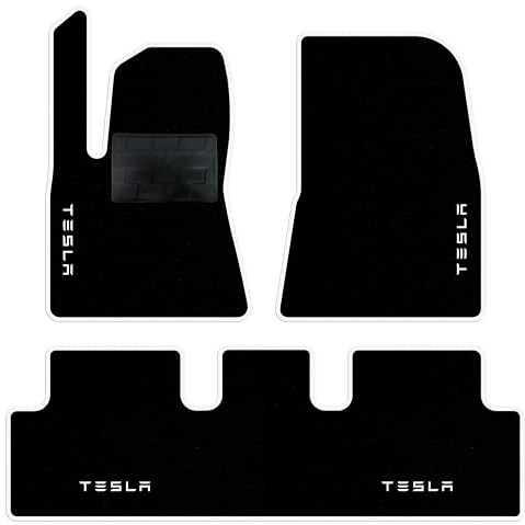 QUEMAR Autofußmatten Kompatibel mit Tesla Model 3 ab 2017 Auch Highland/Set Teppich- und Gummifußmatten Maßgeschneidert (2 vorne + 1 hinten)/Personalisierte Stickerei und Farben (Weißer Rand, 4)