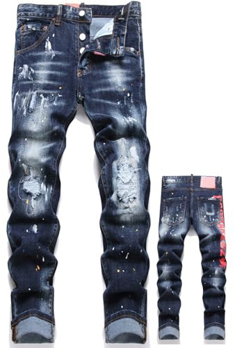Mens Distressed Paint Splatter Jeans Ripped Holes Skinny Stretch Denim Pants Destroyed Slim Straight Leg Jean,G,32