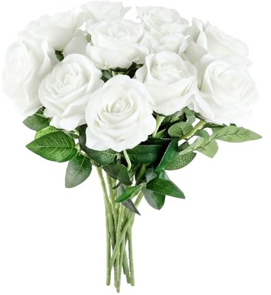 XRCHAA 12PCS White Artificial Rose FlowersArtificial Roses,Artificial Rose with Stem 19.68'' Single Long Stem FakeRose,Realistic Decorative Flowers,for Home Garden Party Hotel Office Decorations