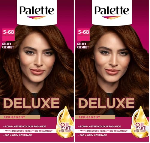 Palette Deluxe Creme Colouration 5-68 Golden Chestnut Hair Dye, Permanent Hair Dye, Long-Lasting Hair Colouring with Moisture Retention Treatment and 100% Grey Coverage (Pack of 2)