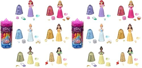 Disney Prinzessin Color Reveal-Puppen - 6 Überraschungen, Wasseraktiviert, Zubehör, für Kinder ab 3 Jahren, Arielle, Tiana, Mulan, Cinderella, Belle, Aurora, HPX39 (Packung mit 2)
