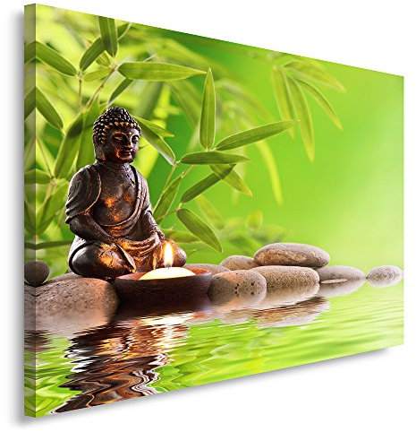 Feeby, Leinwandbild, Bilder, Wand Bild, Wandbilder, Kunstdruck 80x120cm, Buddha, Meditation, Zen, Bambus, Kiesel, ZUSAMMENSETZUNG, SPA, GRÜN, BRAUN