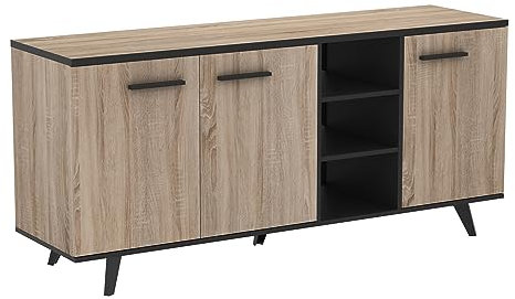 Enfilade Style Industriel 3 Portes 3 Niches Elégante - Coloris Noir et Chêne Brossé - 607 x 285 x 757