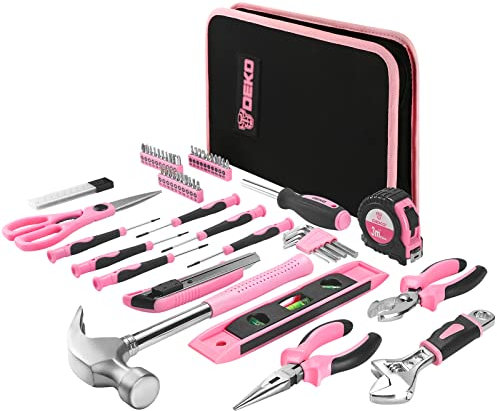 DEKO Juego de herramientas de color rosa de 110 piezas, juego de herramientas portátiles para mujer con bolsa de transporte fácil, perfecto para proyectos de bricolaje, mantenimiento del hogar