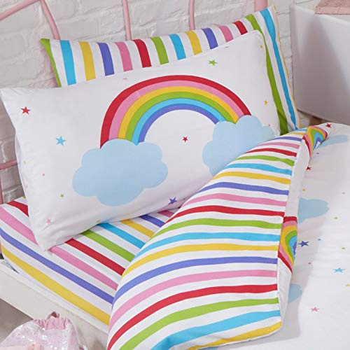 Price Right Home Rainbow Sky Striped Junior Fitted Sheet Set Multi (RAP170) | 1 Fitted Sheet & 1 Pillowcase, 48% Cotton 52% Polyester, Machine Washable, Tumble Dry, Stripes, Candy