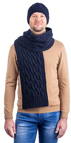 SAOL 100% Merinowolle Strickmütze aus Zopfmuster für Herren, in Natur/Holzkohle/Marine/Grün (Marine)