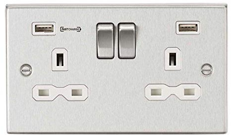 Knightsbridge CS9906BCW DP Switched Socket with Dual USB Charger, Type-A Fastcharge Port, Brushed Chrome/White, 13 A, 2G