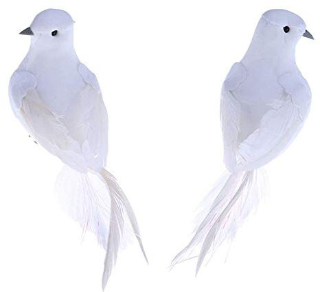 POFET 2 Stück Kunstschaumfeder Weiße Vögel Dekorative Gefälschte Tauben Taubenvogel für DIY Craft Home Ornaments Gartenhochzeitsdekor