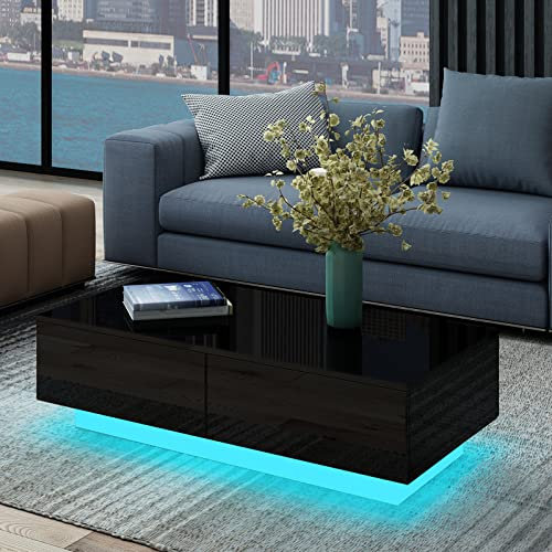 UNDRANDED Moderner Couchtisch Hochglanz mit 4 Schubladen Sofatisch Beistelltisch für Wohnzimmer 95 x 60 x 31cm (Schwarz mit LED Streifen)