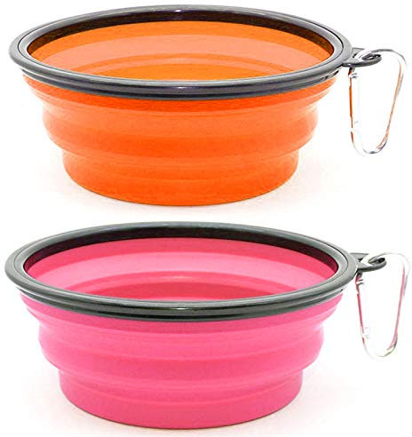 SLSON 2 Stück faltbarer Napf für Hunde, Reisenapf für Hunde mit Karabiner, tragbarer Napf für Katzen, Hunde und Haustiere für Wasser und Futter (1000 ml, Orange und Rosa)