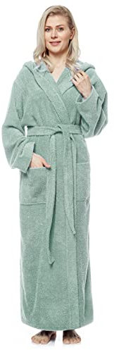 Arus Damenbademantel mit Kapuze, knöchellang, Baumwolle, L-XL Lang, Hellgrün