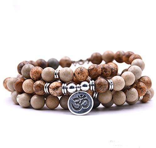 Self-Discovery 108 natürliche Perlen Mala Yoga Schmuck Meditation Perlen Armband Halskette mit Yoga Symbol Charme, One Size, Stein, Perlen