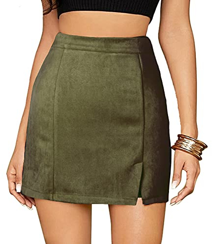 FEOYA Women's High Waist Bodycon Skirt - Leopard Print Split Mini A Line Short Faux Suede Skinny Skirt - Army Green XL
