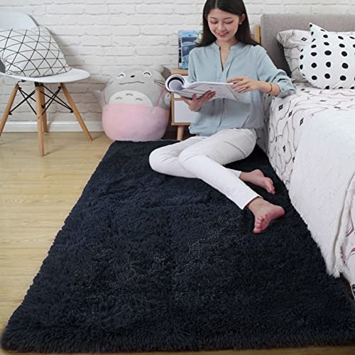 Hochflor 50x200cm Teppich Wohnzimmer Teppiche Modern Outdoor Carpet rutschfeste Unterseite Weiche für Bettvorleger Sofa Matte Oder Schlafzimmmer Deko Usw, Schwarz