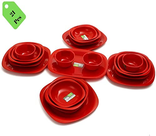 Reusable ECO Unbreakable Durable Plastic Dinner Sets- Ideal for Indoors and Outdoors (Dinnerware Plates Set - 21 Pcs - (RED))