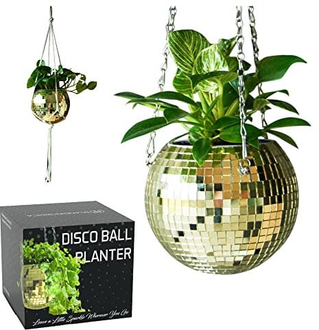 SCANDINORDICA Discokugel blumentopf - Spiegelkugel hängende blumentöpfe, diskokugel Pflanzen, discokugel deko übertopf makramee, Geschenk Freundin | Disco Kugel pflanzentopf – 15 cm Gold
