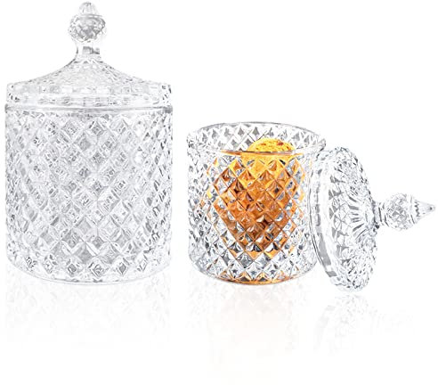 BOJVESH 2Pcs Clear Glass Crystal Diamond Candy Jar, Candy Buffet Storage with Crystal Lid, Biscuit Cookie Dishes Box Containers Decorative for Home Party Wedding Festival Gift (300ml+600ml)