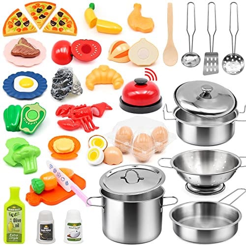 Accessoire Cuisine Enfant, Jouer Cuisine Casseroles et Poêles, Jouets Fruits et Légumes Alimentaires à Découper, Ustensile, Chef Jeu de rôle pour Garçons et Filles 3-6 Ans Cadeau