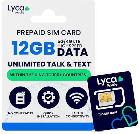 Lycamobile 30 Tage Prepaid-SIM-Karte für Mobiltelefone, 12 GB Highspeed-4G-LTE/5G-Daten, Internationale Gespräche und SMS in über 100 Länder, schnelle Aktivierung, 3-in-1-Dreifachschnitt
