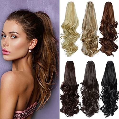 Yamel Ponytail Extension 16 Long Curly Wavy Dark Brown Claw Jaw Clip in Synthetic Hairpiece Pony Tail Tale Ponytail Hair Extensions